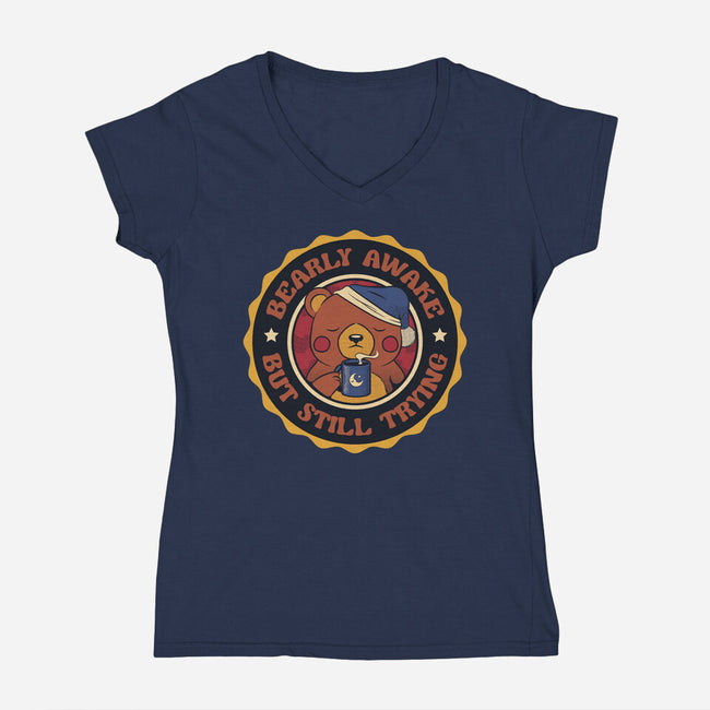 Bearly Awake But Still Trying Bear-Womens-V-Neck-Tee-tobefonseca