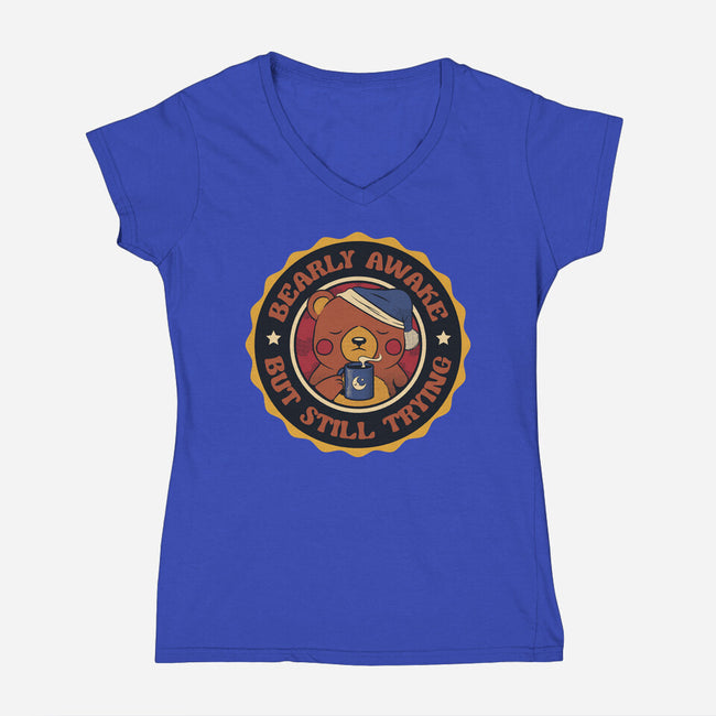 Bearly Awake But Still Trying Bear-Womens-V-Neck-Tee-tobefonseca