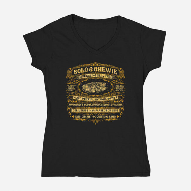 Solo And Chewie Smuggling Services-Womens-V-Neck-Tee-kg07
