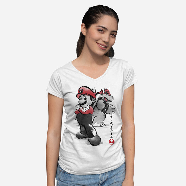 The Plumber Vs King Koopa-Womens-V-Neck-Tee-DrMonekers