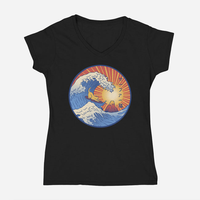 Kanagawa Wave Surfing Cat-Womens-V-Neck-Tee-tobefonseca