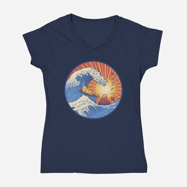 Kanagawa Wave Surfing Cat-Womens-V-Neck-Tee-tobefonseca