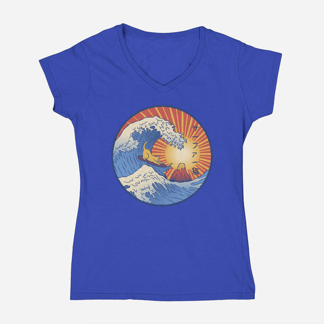 Kanagawa Wave Surfing Cat-Womens-V-Neck-Tee-tobefonseca