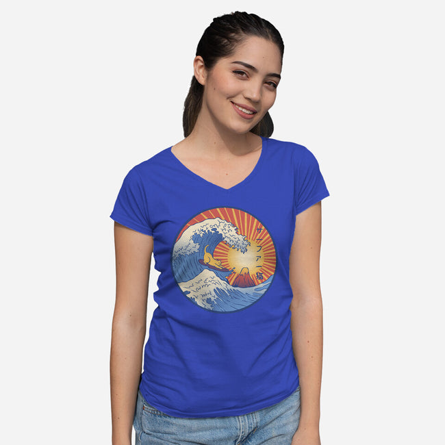 Kanagawa Wave Surfing Cat-Womens-V-Neck-Tee-tobefonseca