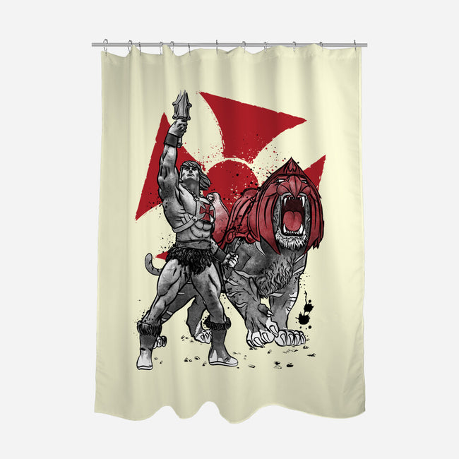 Prince Adam And Battle Cat Sumi-e-None-Polyester-Shower Curtain-DrMonekers