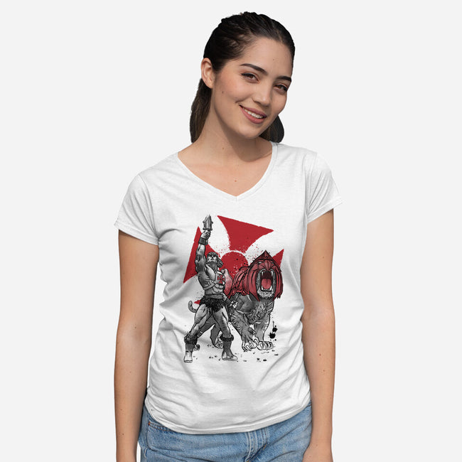 Prince Adam And Battle Cat Sumi-e-Womens-V-Neck-Tee-DrMonekers