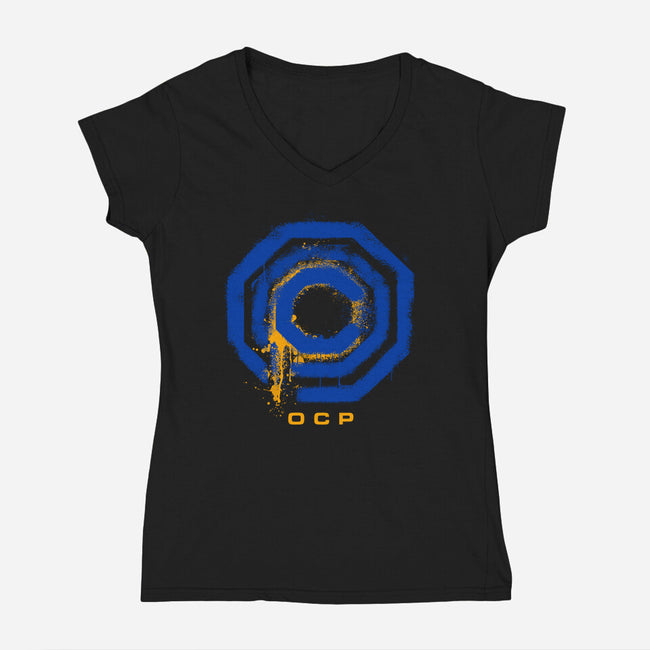 Omni Consumer Products Mega Corp-Womens-V-Neck-Tee-rocketman_art