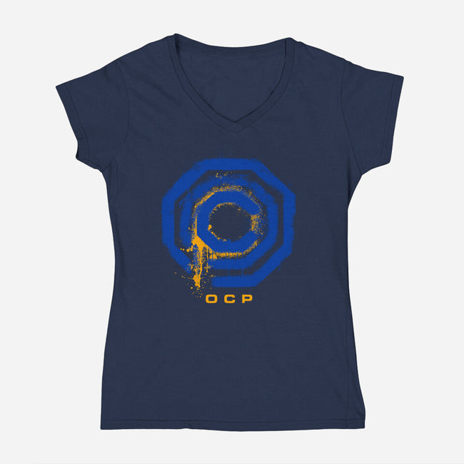 Omni Consumer Products Mega Corp-Womens-V-Neck-Tee-rocketman_art