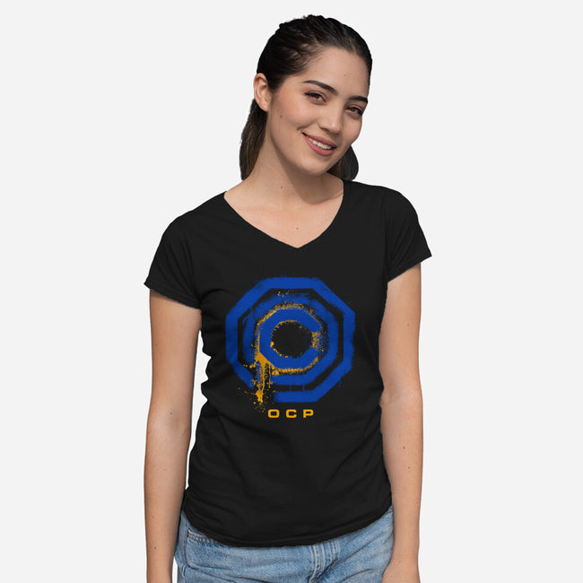 Omni Consumer Products Mega Corp-Womens-V-Neck-Tee-rocketman_art