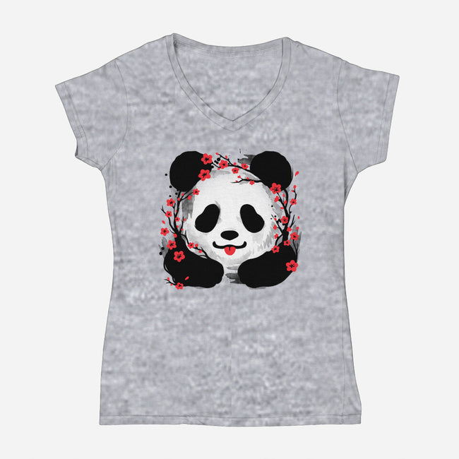 Sakura Panda-Womens-V-Neck-Tee-NemiMakeit