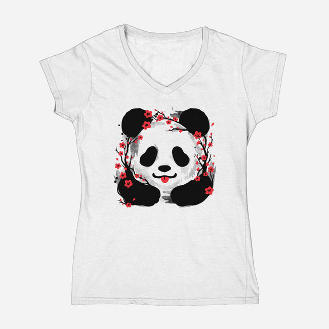 Sakura Panda-Womens-V-Neck-Tee-NemiMakeit