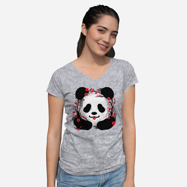 Sakura Panda-Womens-V-Neck-Tee-NemiMakeit