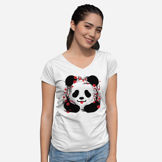 Sakura Panda-Womens-V-Neck-Tee-NemiMakeit