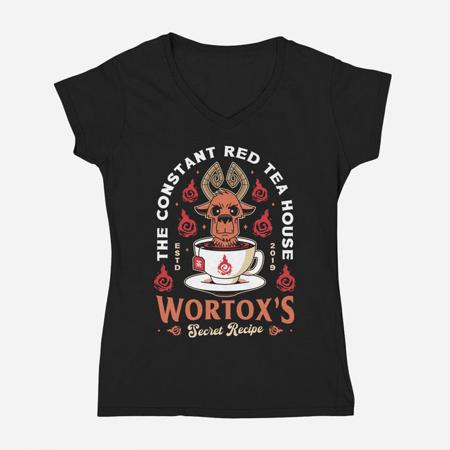 Wortox Red Tea Emblem-Womens-V-Neck-Tee-LAGELANTEE