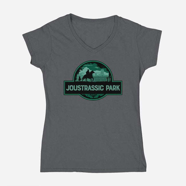 Joustrassic Park-Womens-V-Neck-Tee-rocketman_art