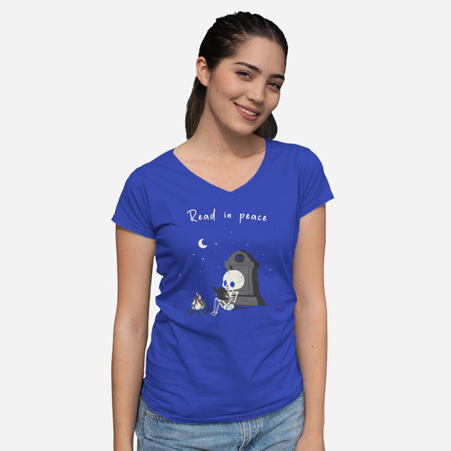 Skeleton Reading-Womens-V-Neck-Tee-Mattania