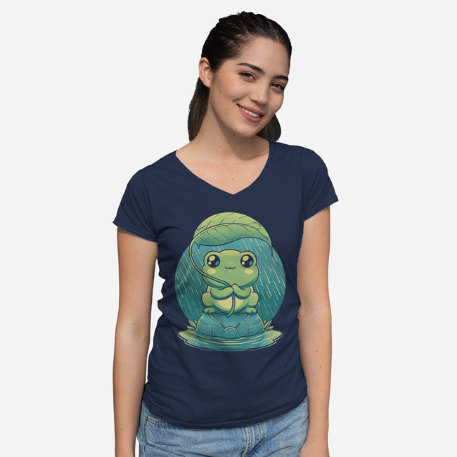 Rainy Day Cute Frog-Womens-V-Neck-Tee-Studio Mootant