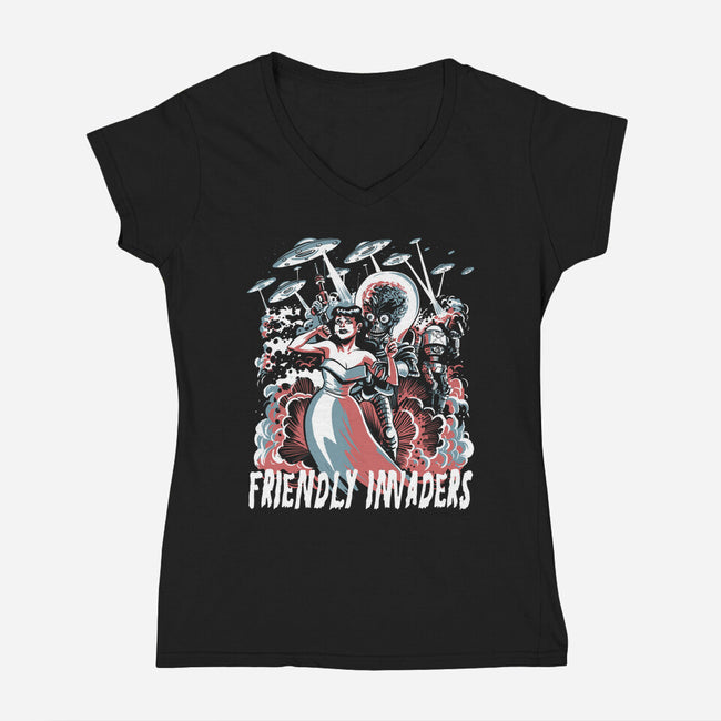 Friendly Invaders-Womens-V-Neck-Tee-zascanauta
