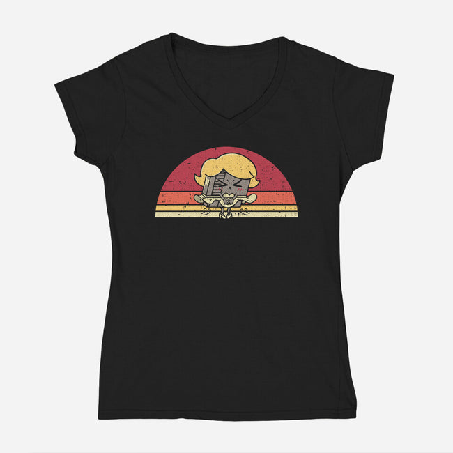 Retro Wind-Up Girl-Womens-V-Neck-Tee-rarpoint