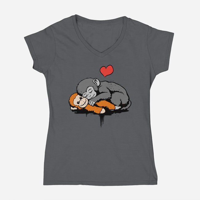 Monkey Hug-Womens-V-Neck-Tee-fanfabio