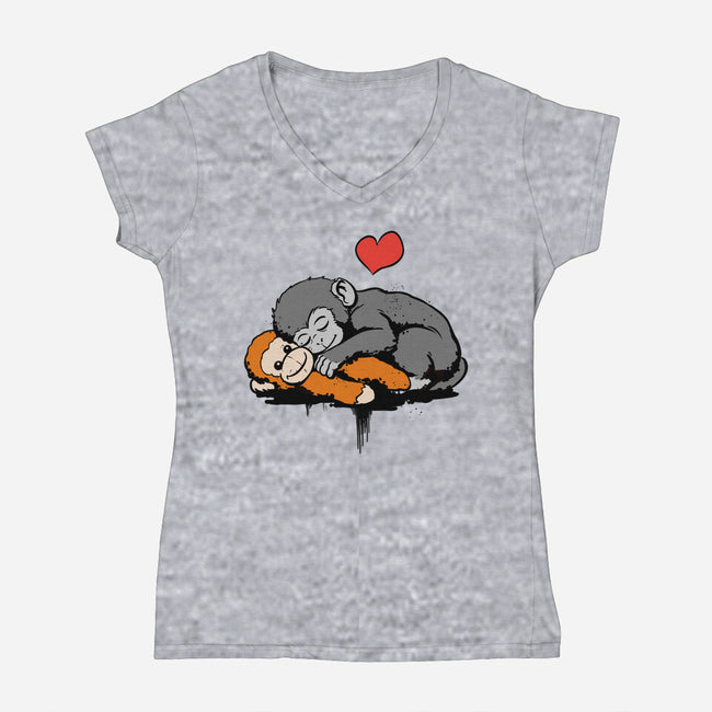 Monkey Hug-Womens-V-Neck-Tee-fanfabio