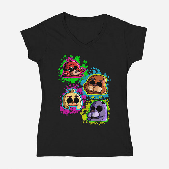 Five Nights Heads-Womens-V-Neck-Tee-nickzzarto