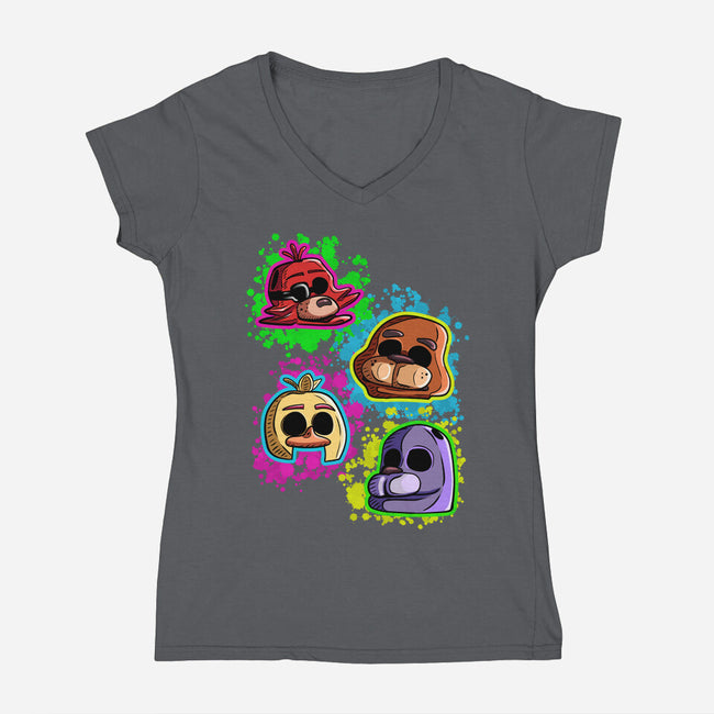 Five Nights Heads-Womens-V-Neck-Tee-nickzzarto