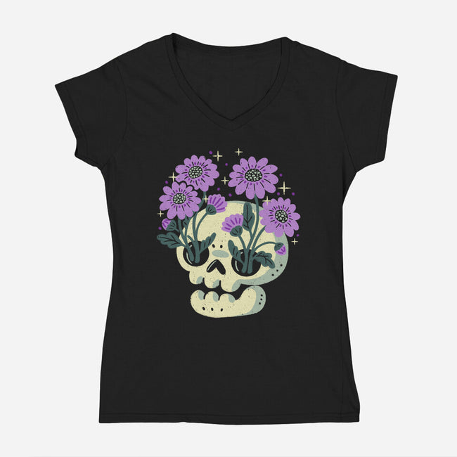 Flower Skull-Womens-V-Neck-Tee-xMorfina
