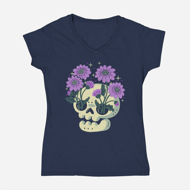 Flower Skull-Womens-V-Neck-Tee-xMorfina