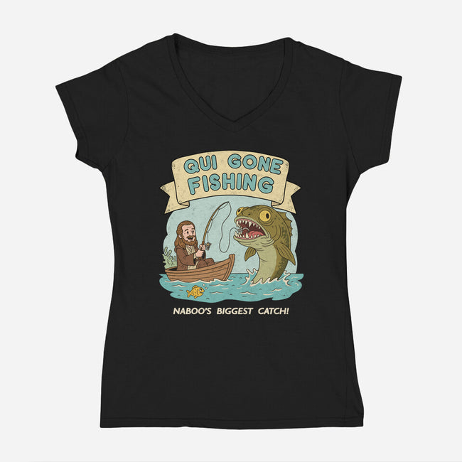 Qui Gone Fishing-Womens-V-Neck-Tee-milasneeze