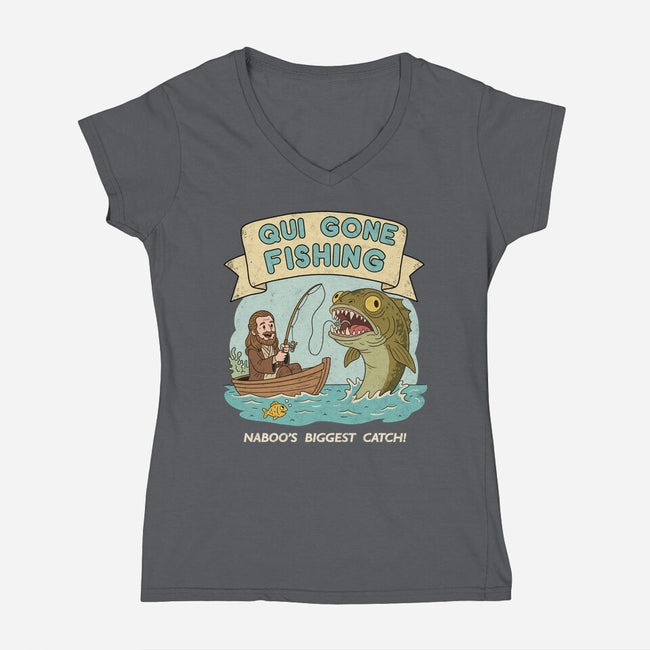 Qui Gone Fishing-Womens-V-Neck-Tee-milasneeze
