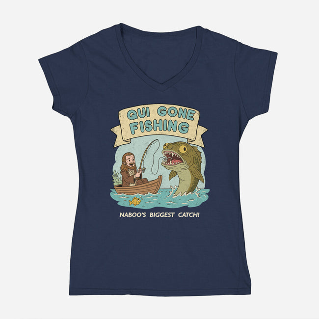 Qui Gone Fishing-Womens-V-Neck-Tee-milasneeze
