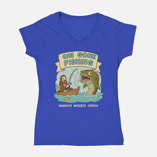 Qui Gone Fishing-Womens-V-Neck-Tee-milasneeze