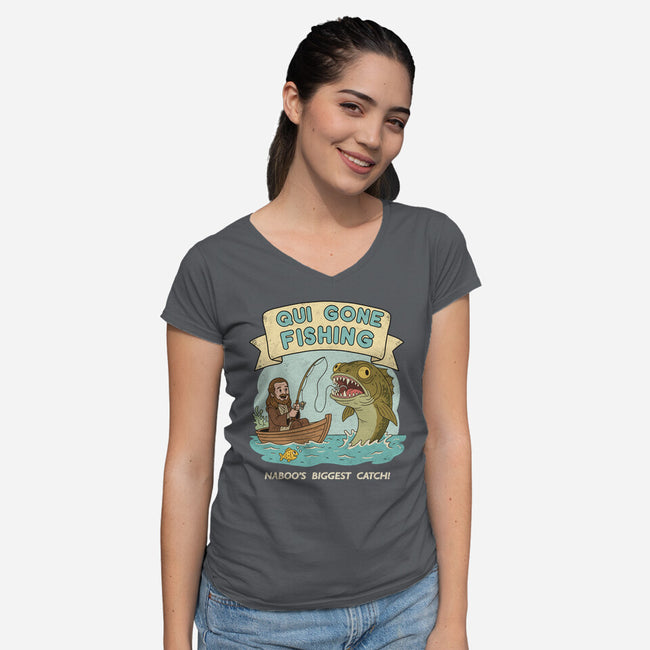 Qui Gone Fishing-Womens-V-Neck-Tee-milasneeze