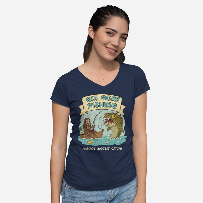 Qui Gone Fishing-Womens-V-Neck-Tee-milasneeze