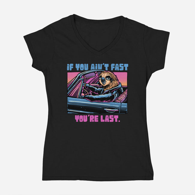 Fast Or Last-Womens-V-Neck-Tee-glitchygorilla