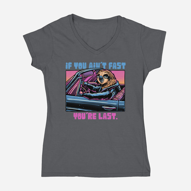 Fast Or Last-Womens-V-Neck-Tee-glitchygorilla