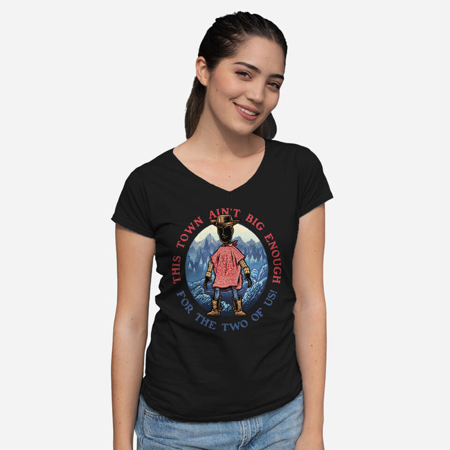 Duel In The Town-Womens-V-Neck-Tee-glitchygorilla