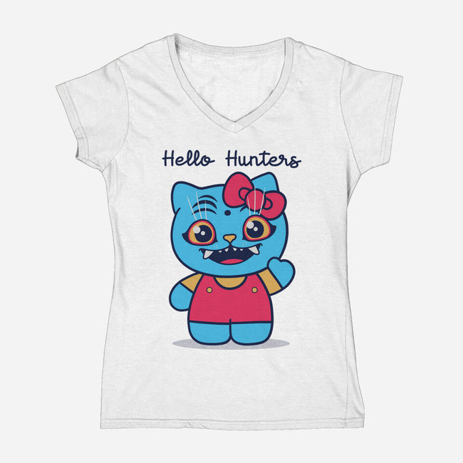 Hello Hunters-Womens-V-Neck-Tee-GODZILLARGE
