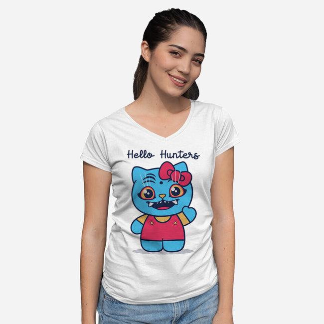 Hello Hunters-Womens-V-Neck-Tee-GODZILLARGE