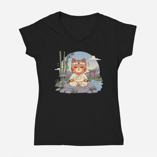 Meditating Cat-Womens-V-Neck-Tee-GODZILLARGE