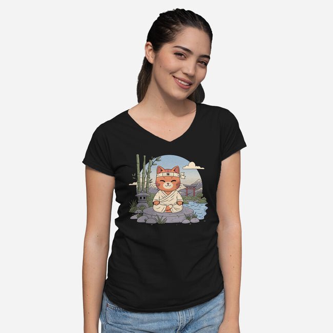 Meditating Cat-Womens-V-Neck-Tee-GODZILLARGE