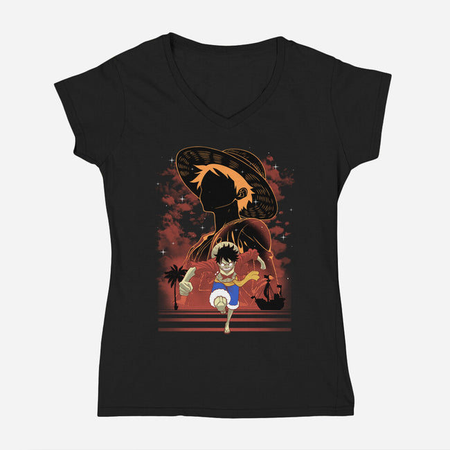 Rubber Pirate Shadow Lineart-Womens-V-Neck-Tee-Astrobot Invention