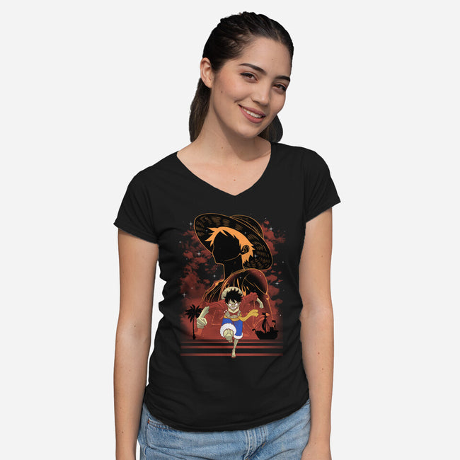 Rubber Pirate Shadow Lineart-Womens-V-Neck-Tee-Astrobot Invention