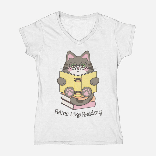 Feline Like Reading-Womens-V-Neck-Tee-robyriker
