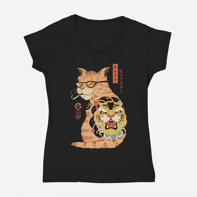 Hipster Catana-Womens-V-Neck-Tee-vp021