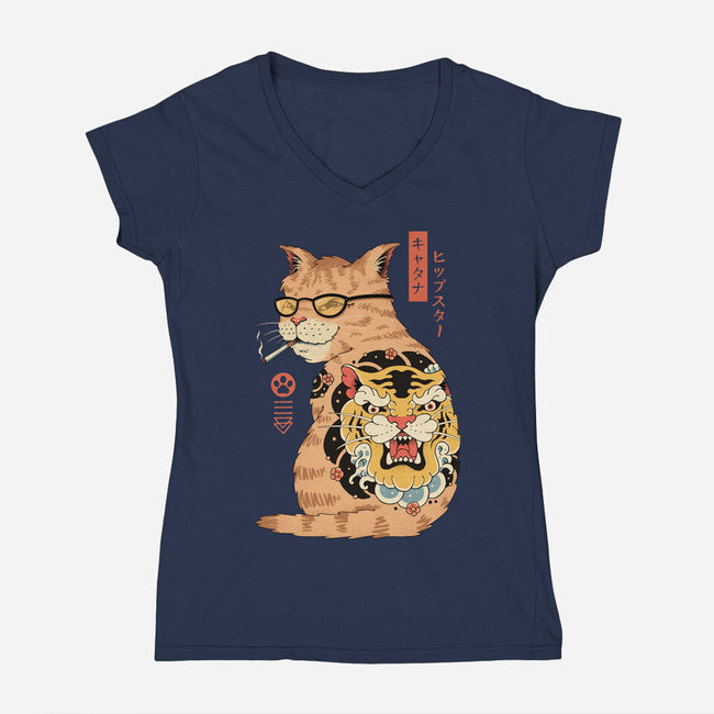 Hipster Catana-Womens-V-Neck-Tee-vp021