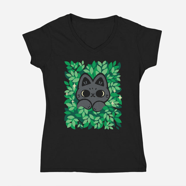 Cute Black Cat Peeking-Womens-V-Neck-Tee-xMorfina