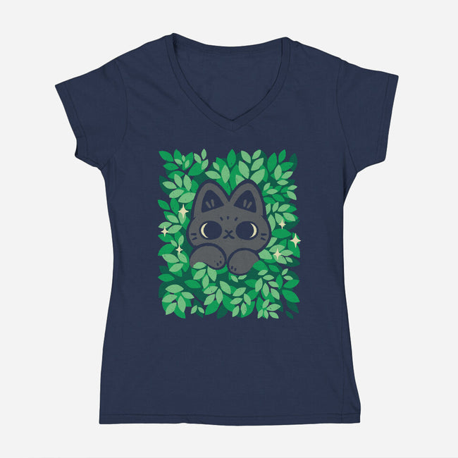 Cute Black Cat Peeking-Womens-V-Neck-Tee-xMorfina