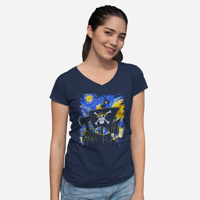 Starry Night Merry-Womens-V-Neck-Tee-fanfabio